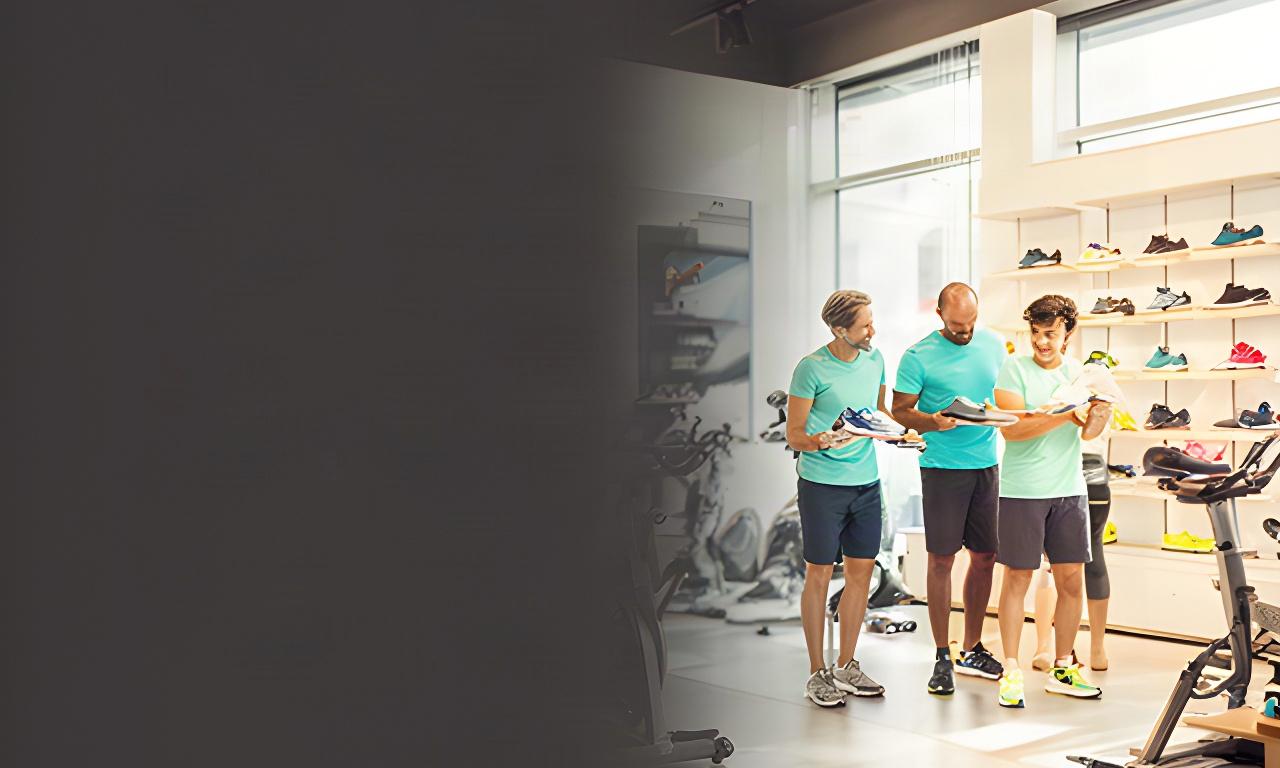 Sportieve klanten bekijken schoenen en trainingsmateriaal in een lichte sportwinkel in Sneek