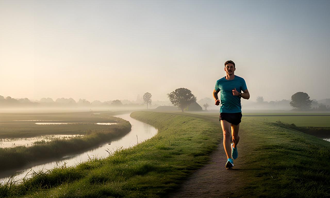 Hardloper op een Friese dijk bij Sneek tijdens een rustige ochtendtraining